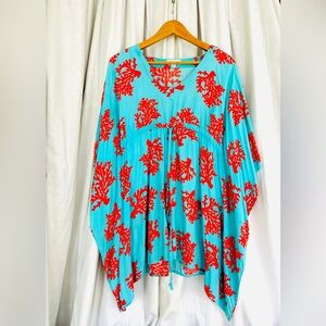 ESCAPADA Empire Waist Tunic Swim Coverup Turquoise w/ Coral Pattern